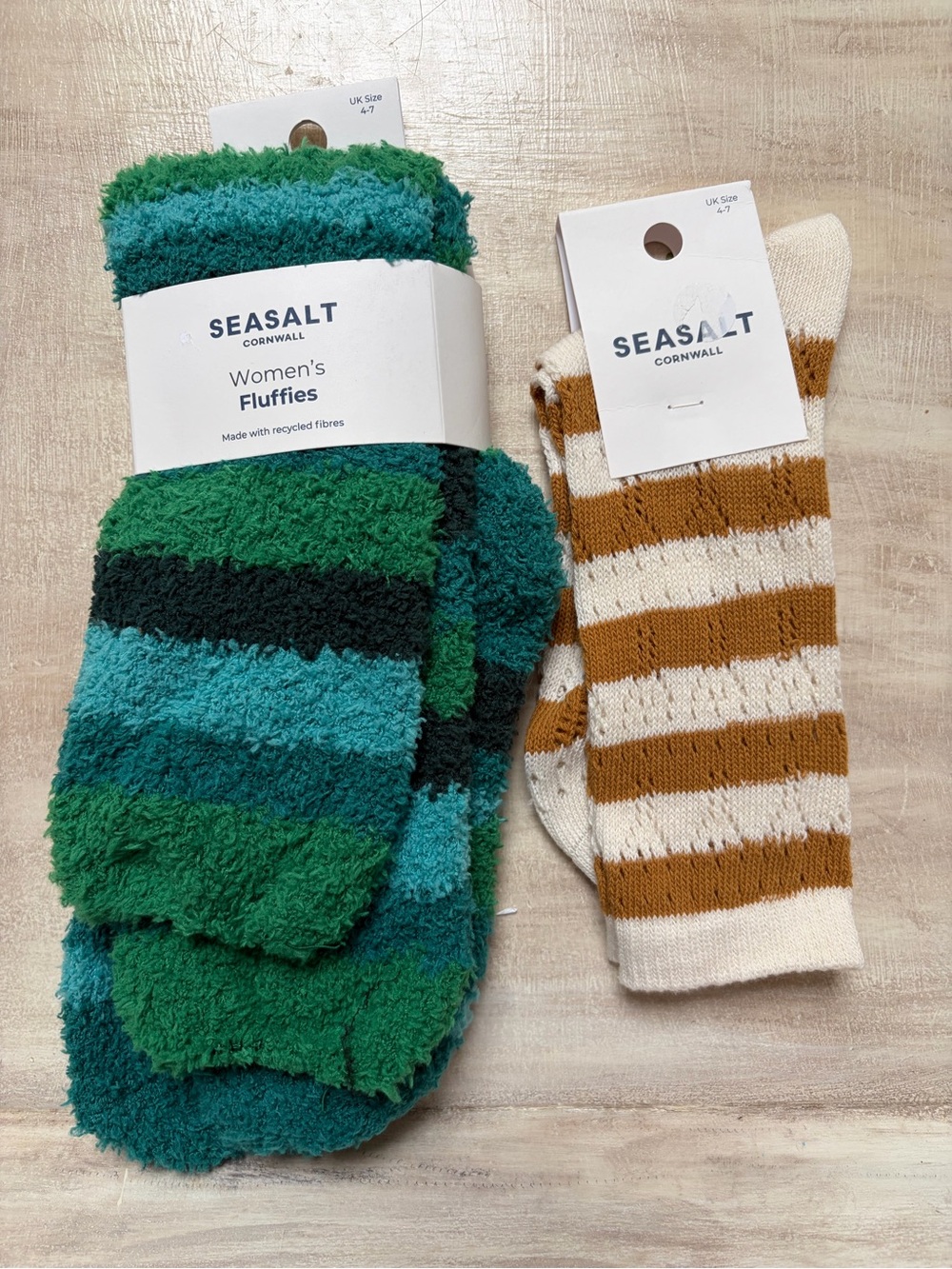 Seasalt Cornwall Women's Fluffies Cozy Green Striped Socks and cream pair